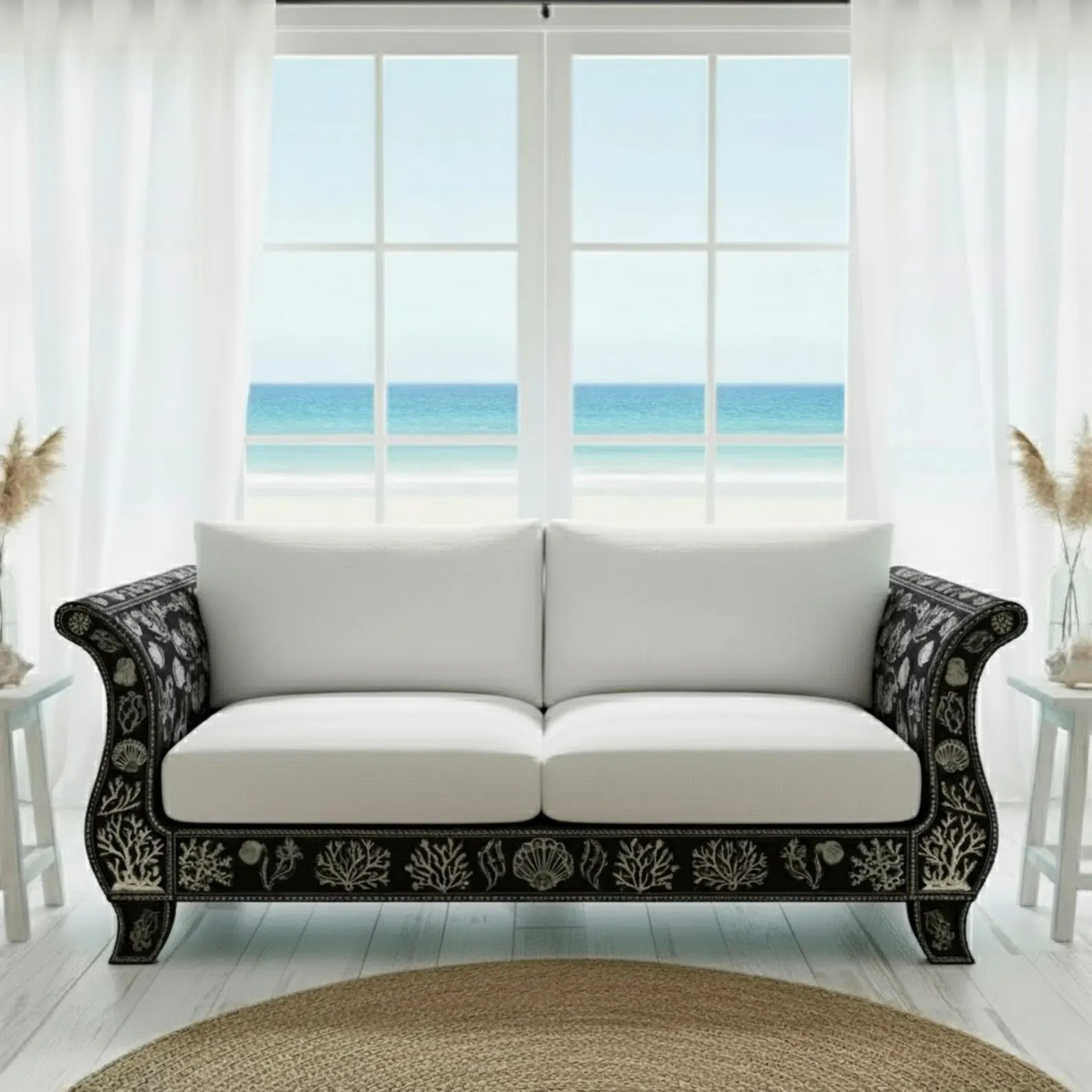 Handmade Bone Inlay Sofa | Luxury Floral Inlay Seating for Living Room | Designer Bone Inlay Couch with Elegant Craft Detailing