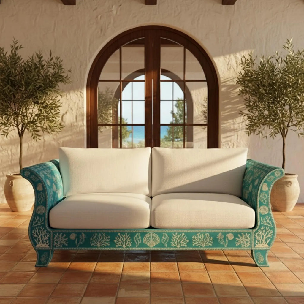 Handmade Bone Inlay Sofa | Luxury Floral Inlay Seating for Living Room | Designer Bone Inlay Couch with Elegant Craft Detailing