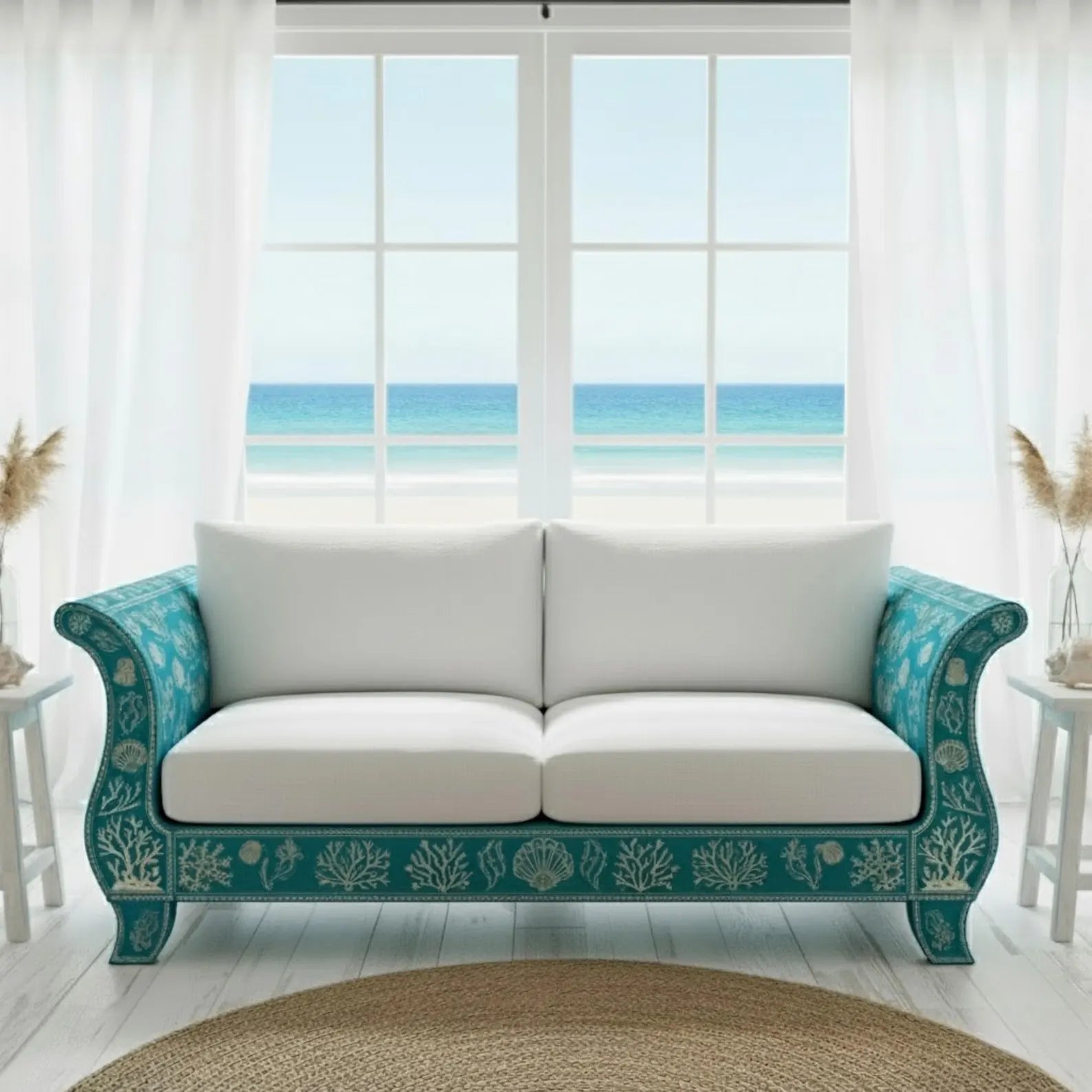 Handmade Bone Inlay Sofa | Luxury Floral Inlay Seating for Living Room | Designer Bone Inlay Couch with Elegant Craft Detailing