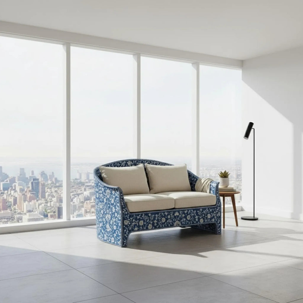 Handmade Blue Bone Inlay Sofa | Floral Resin Couch for Living Room | Boho Style Luxury Bone Inlay Furniture