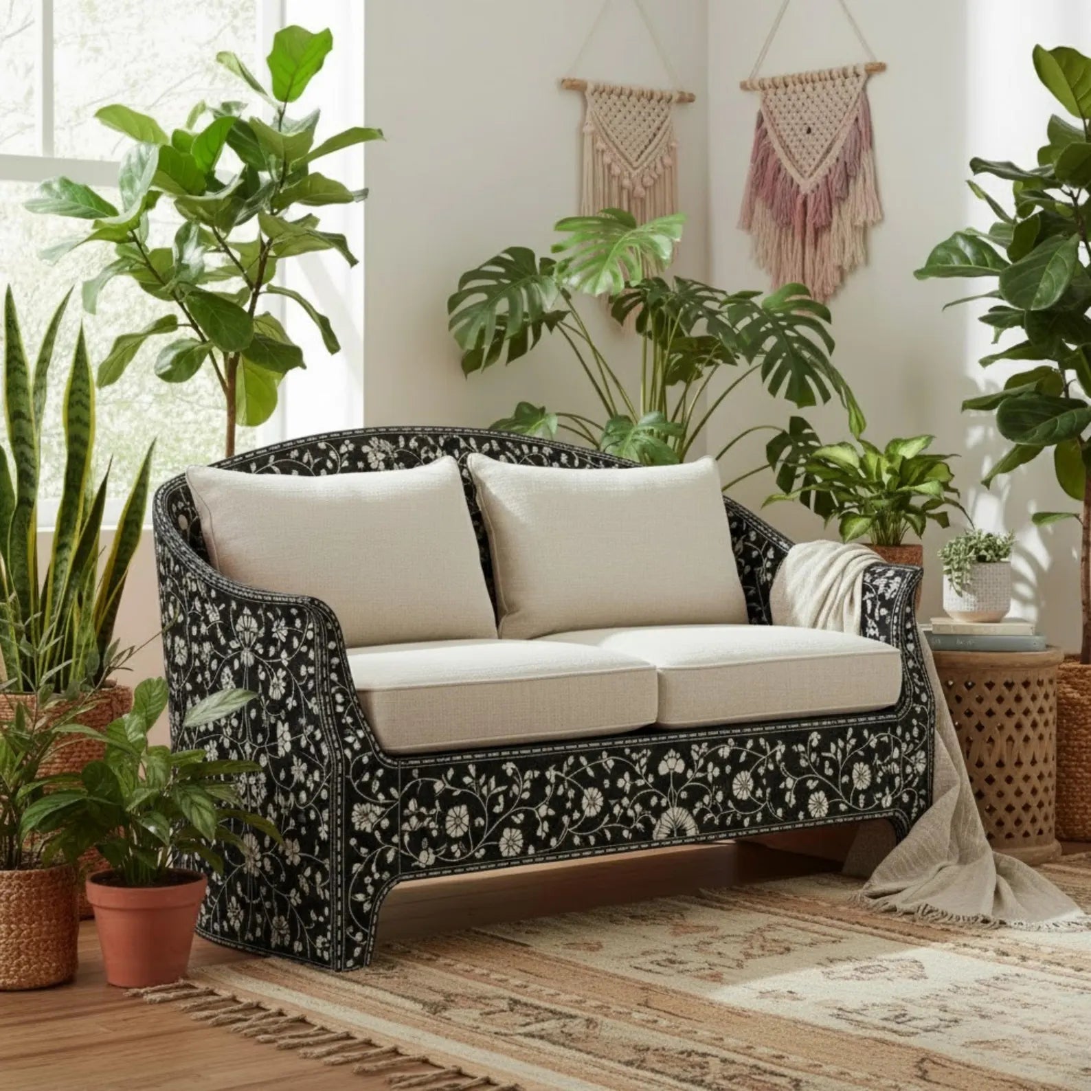 Handmade Blue Bone Inlay Sofa | Floral Resin Couch for Living Room | Boho Style Luxury Bone Inlay Furniture