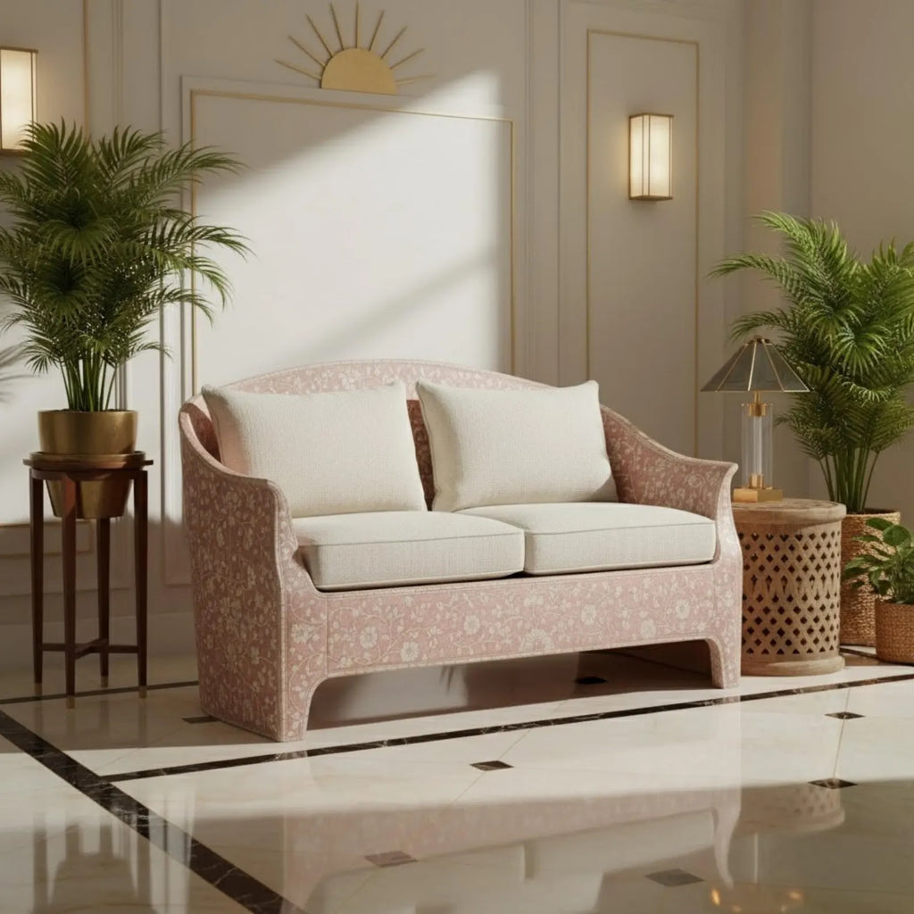 Handmade Blue Bone Inlay Sofa | Floral Resin Couch for Living Room | Boho Style Luxury Bone Inlay Furniture