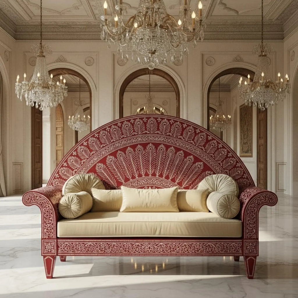 Handcrafted Bone Inlay Sofa | Elegant Royal Peacock Design | Luxury Indian Home Décor & Designer Furniture Piece