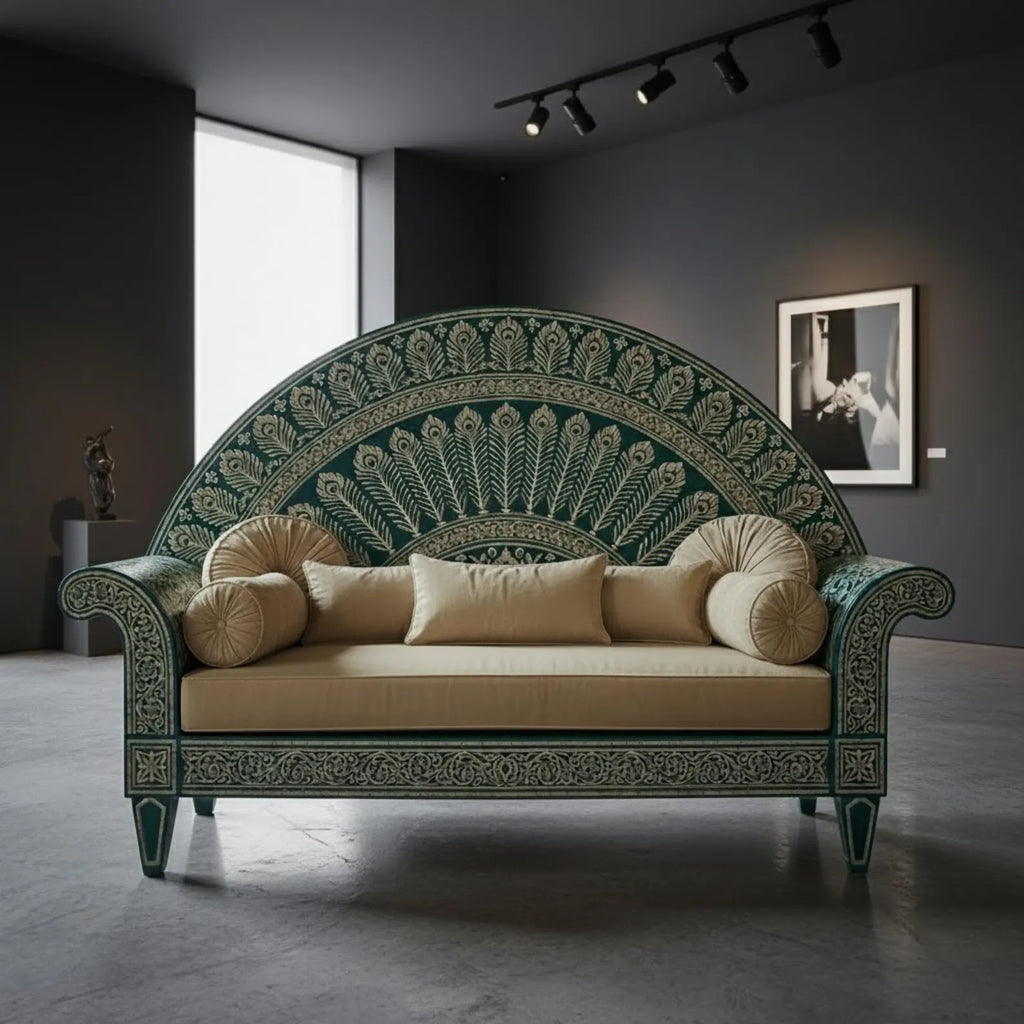 Handcrafted Bone Inlay Sofa | Elegant Royal Peacock Design | Luxury Indian Home Décor & Designer Furniture Piece