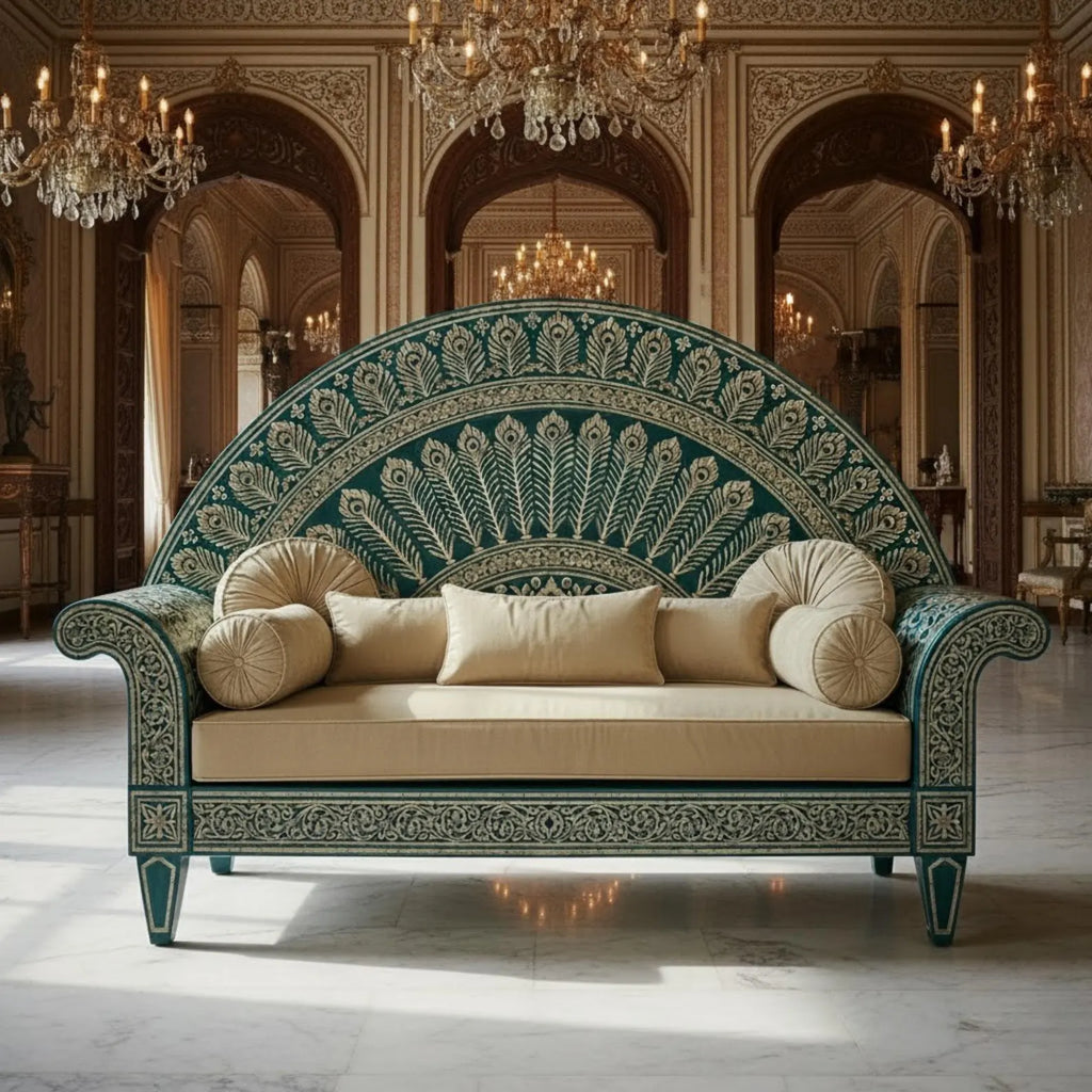 Handcrafted Bone Inlay Sofa | Elegant Royal Peacock Design | Luxury Indian Home Décor & Designer Furniture Piece
