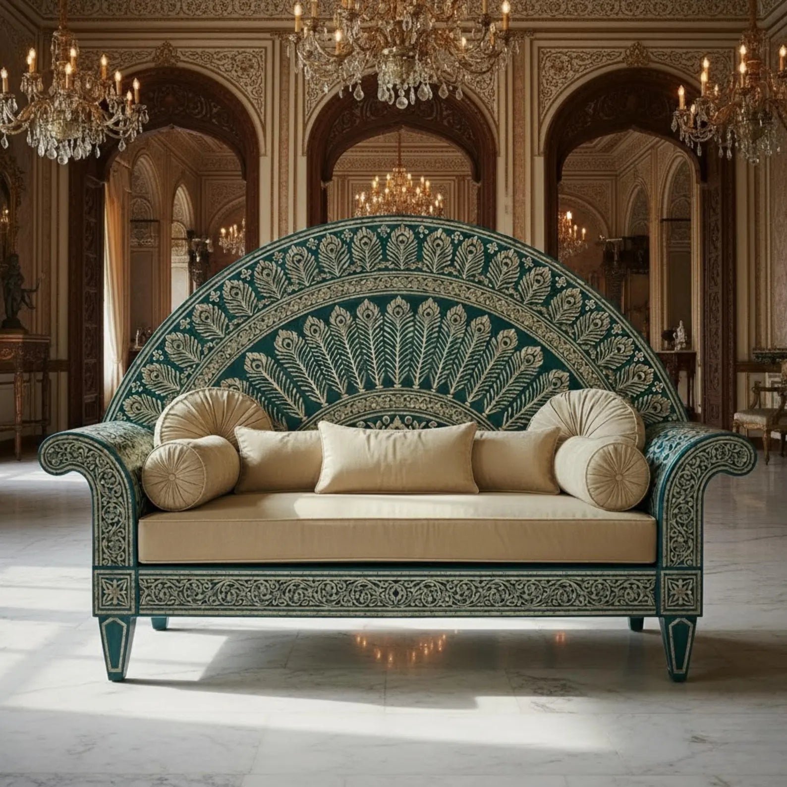 Handcrafted Bone Inlay Sofa | Elegant Royal Peacock Design | Luxury Indian Home Décor & Designer Furniture Piece