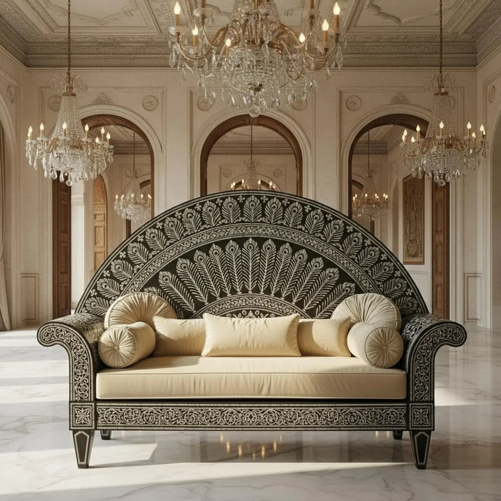 Handcrafted Bone Inlay Sofa | Elegant Royal Peacock Design | Luxury Indian Home Décor & Designer Furniture Piece