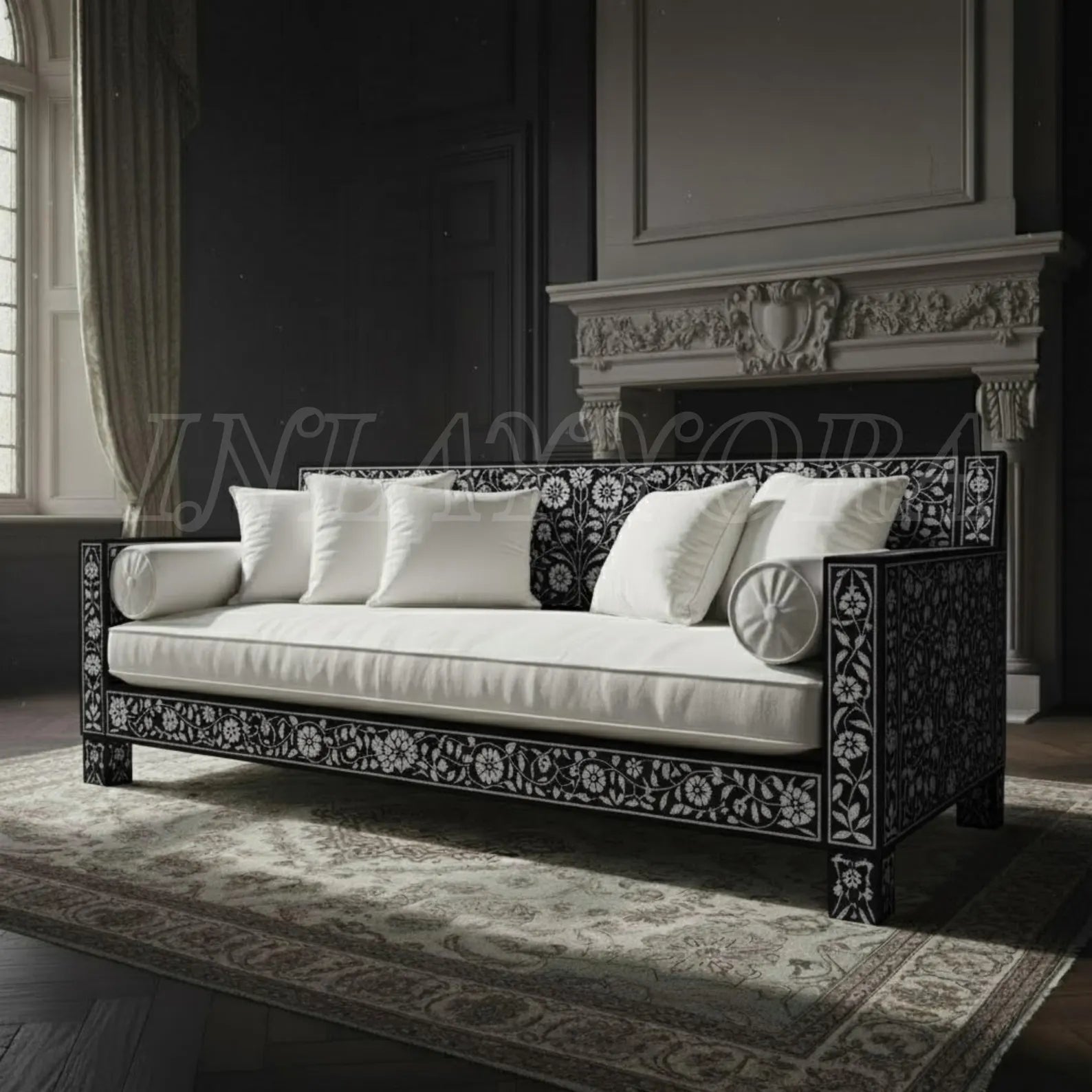 Handmade Bone Inlay Sofa with Floral Resin Pattern | Luxury Designer Seating for Living Room & Home Décor