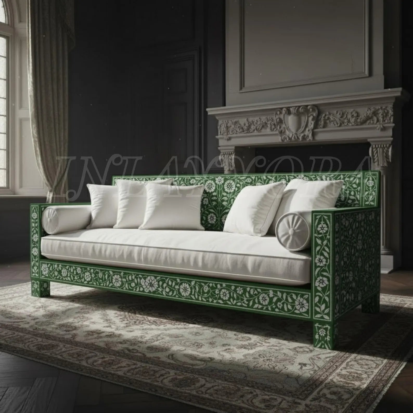 Handmade Bone Inlay Sofa with Floral Resin Pattern | Luxury Designer Seating for Living Room & Home Décor