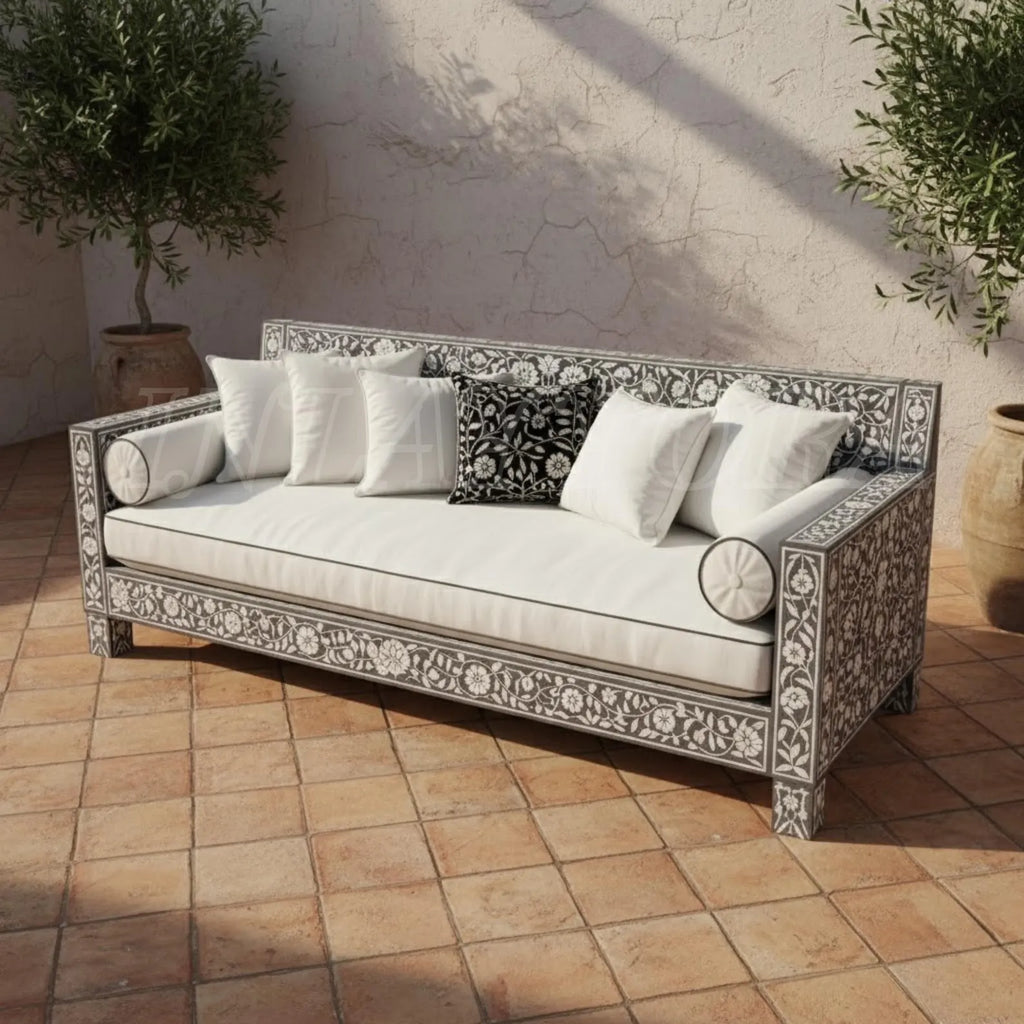 Handmade Bone Inlay Sofa with Floral Resin Pattern | Luxury Designer Seating for Living Room & Home Décor
