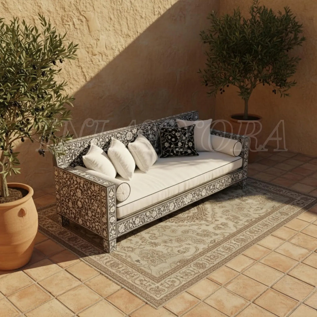 Handmade Bone Inlay Sofa with Floral Resin Pattern | Luxury Designer Seating for Living Room & Home Décor