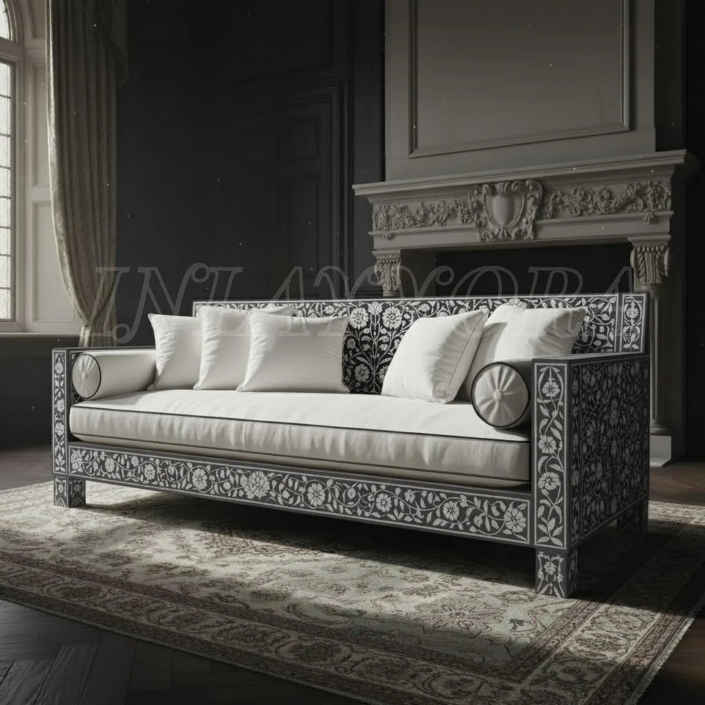 Handmade Bone Inlay Sofa with Floral Resin Pattern | Luxury Designer Seating for Living Room & Home Décor