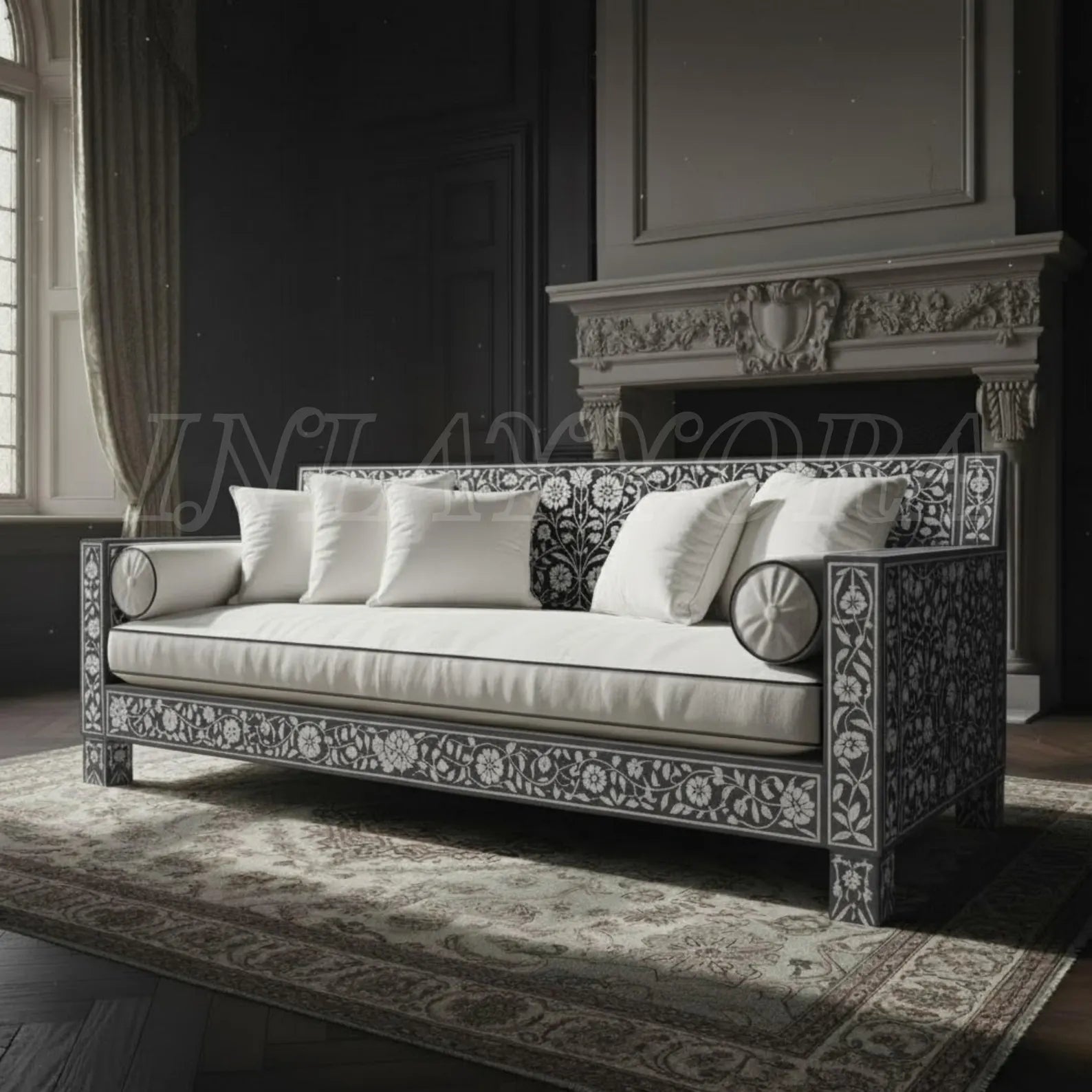Handmade Bone Inlay Sofa with Floral Resin Pattern | Luxury Designer Seating for Living Room & Home Décor