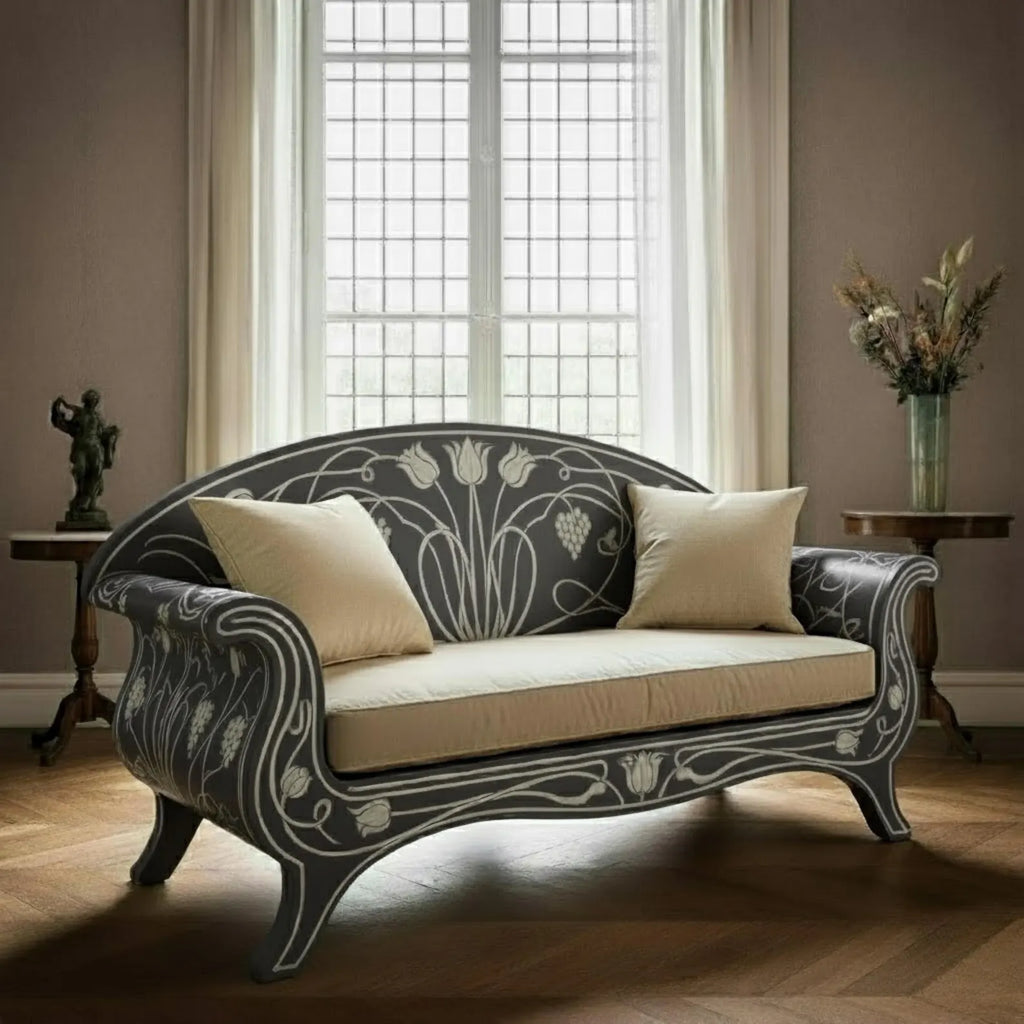 Bone Inlay Sofa | Curved Wooden Couch with Handmade Inlay Work | Luxury Designer Furniture for Living Room & Home Décor