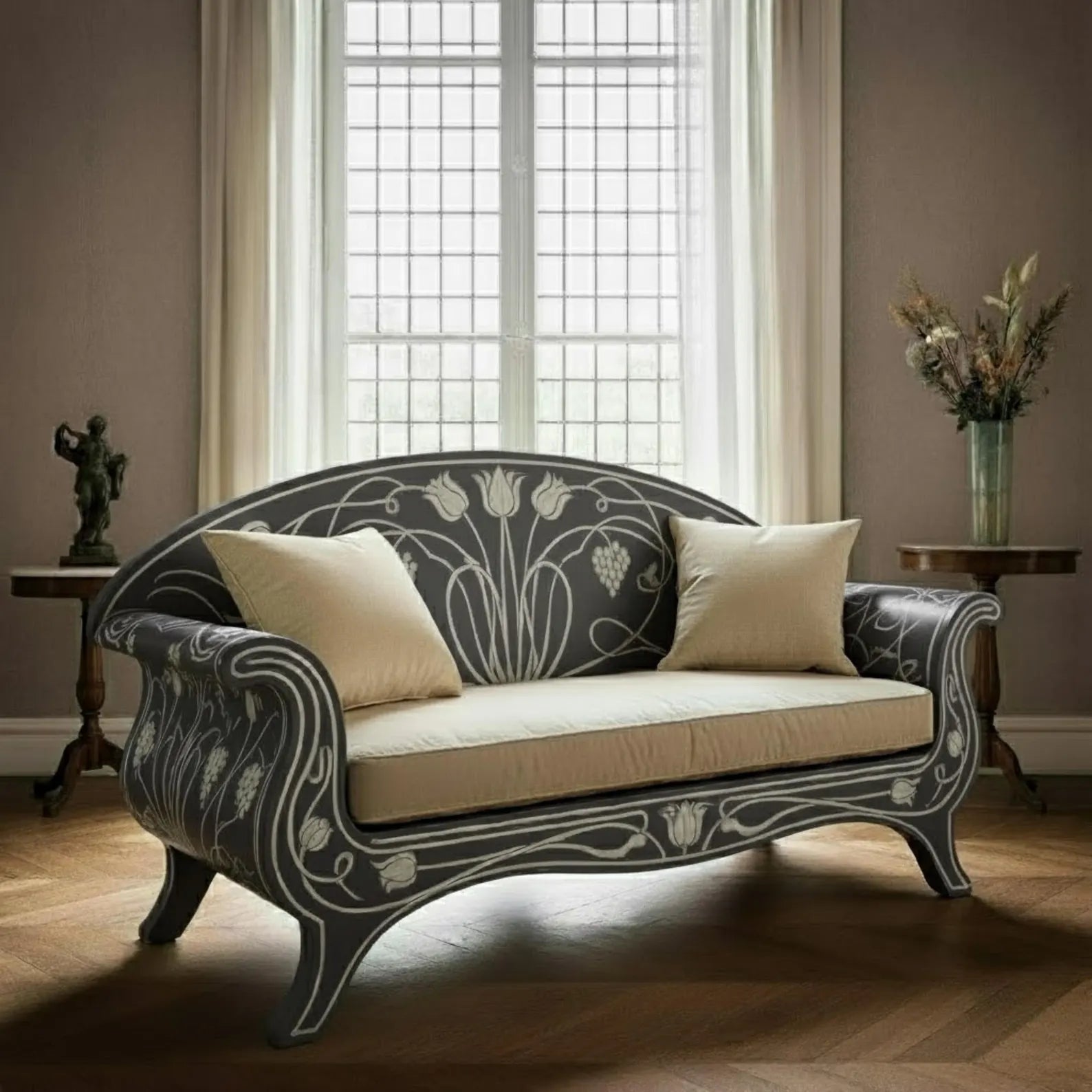 Bone Inlay Sofa | Curved Wooden Couch with Handmade Inlay Work | Luxury Designer Furniture for Living Room & Home Décor