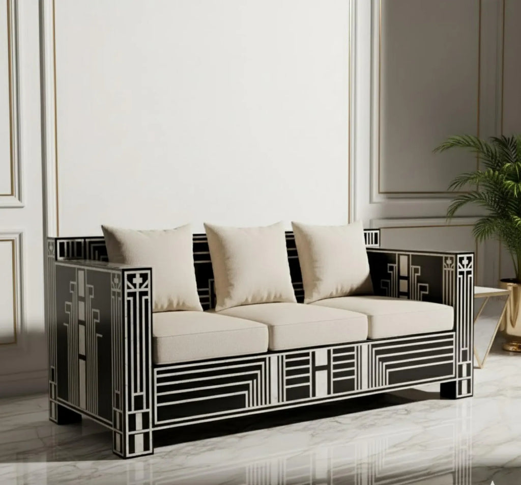 Bone Inlay Sofa | Handmade Geometric Loveseat for Living Room | Luxury Decorative Bone Inlay Couch with Artistic Inlay Detailing