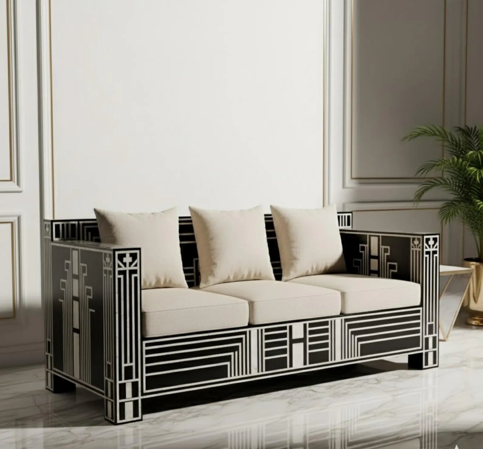 Bone Inlay Sofa | Handmade Geometric Loveseat for Living Room | Luxury Decorative Bone Inlay Couch with Artistic Inlay Detailing