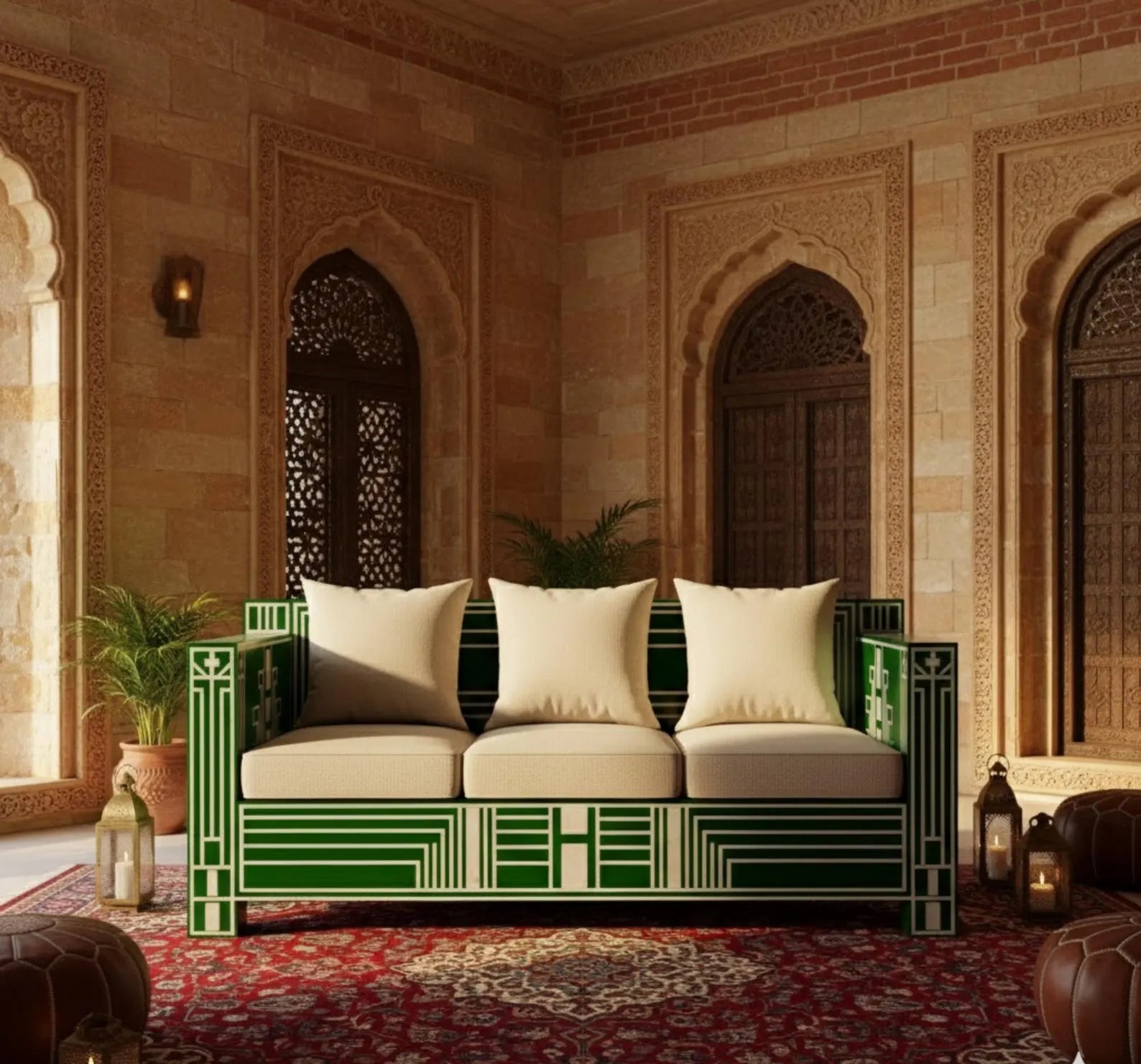 Bone Inlay Sofa | Handmade Geometric Loveseat for Living Room | Luxury Decorative Bone Inlay Couch with Artistic Inlay Detailing