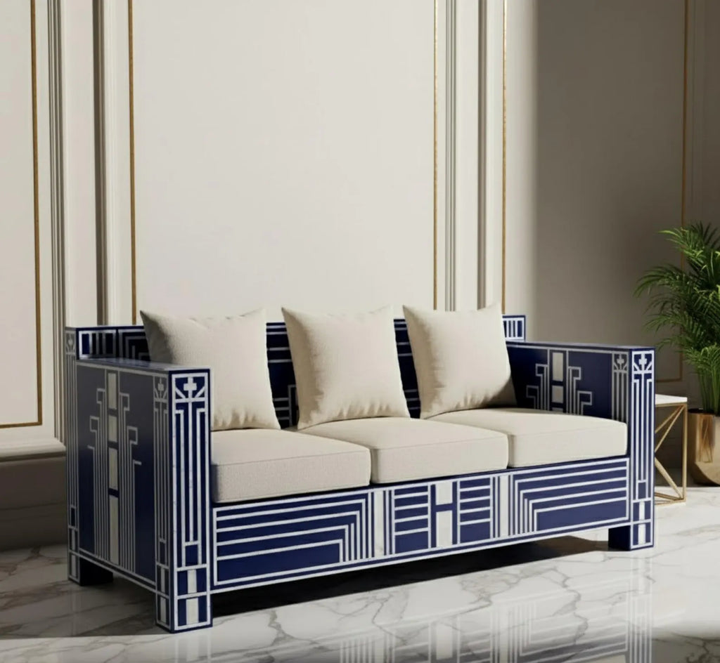 Bone Inlay Sofa | Handmade Geometric Loveseat for Living Room | Luxury Decorative Bone Inlay Couch with Artistic Inlay Detailing
