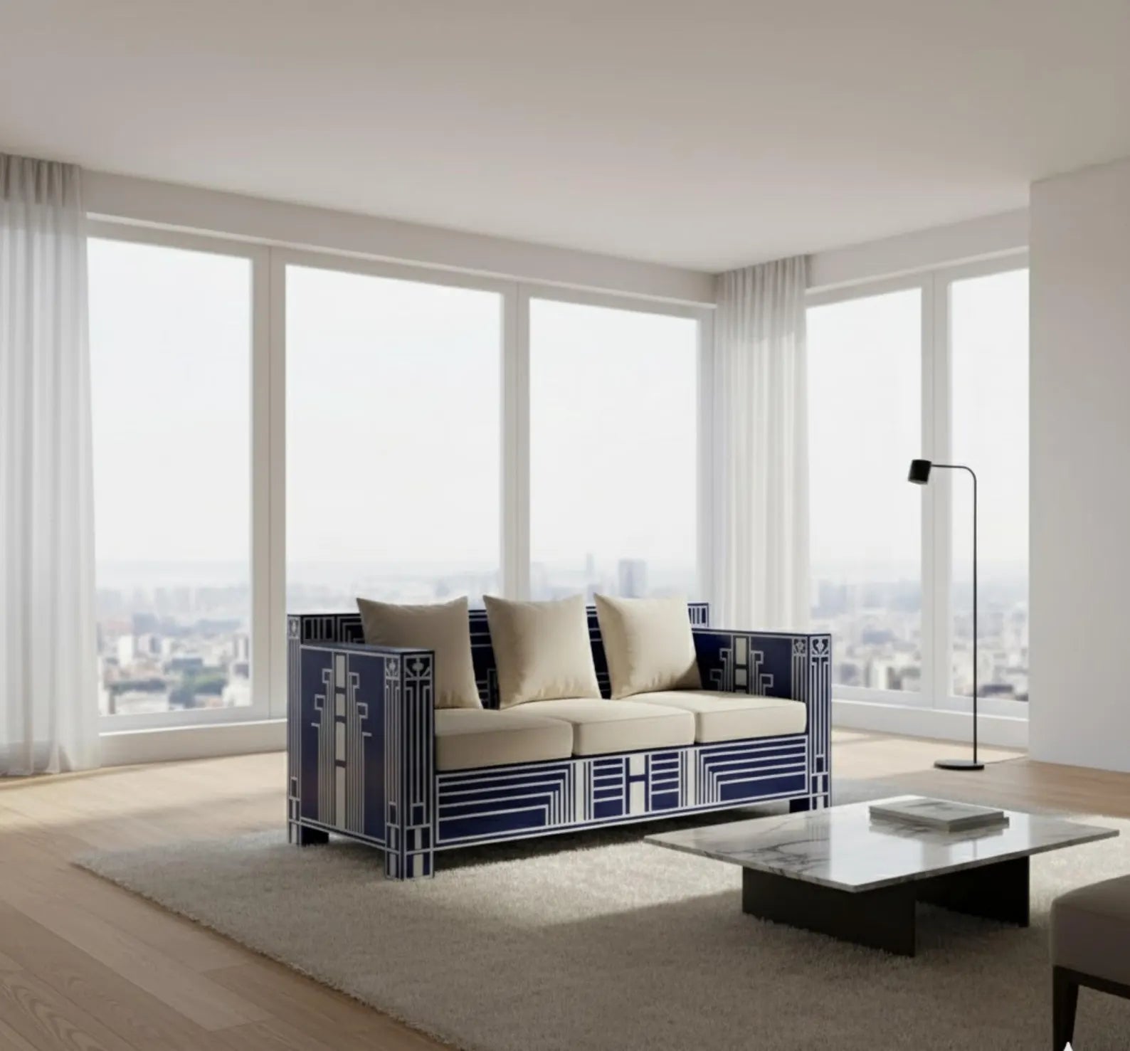 Bone Inlay Sofa | Handmade Geometric Loveseat for Living Room | Luxury Decorative Bone Inlay Couch with Artistic Inlay Detailing