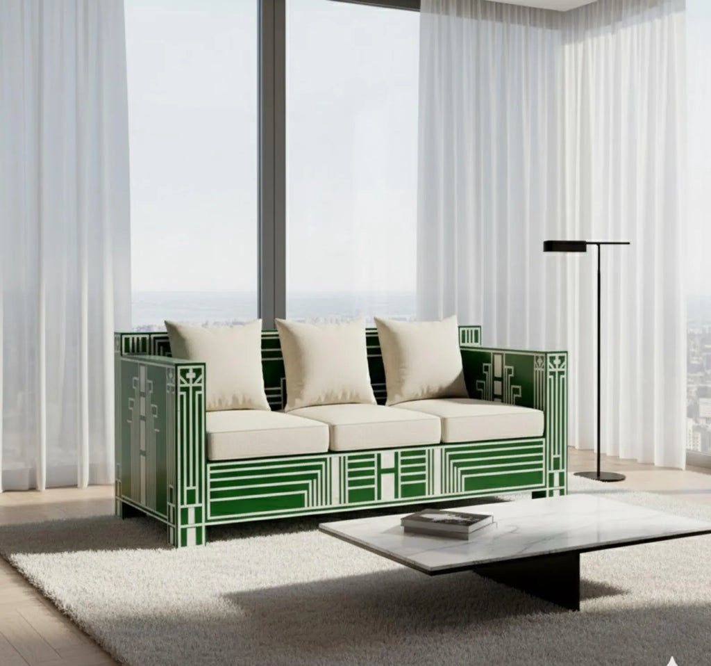 Bone Inlay Sofa | Handmade Geometric Loveseat for Living Room | Luxury Decorative Bone Inlay Couch with Artistic Inlay Detailing