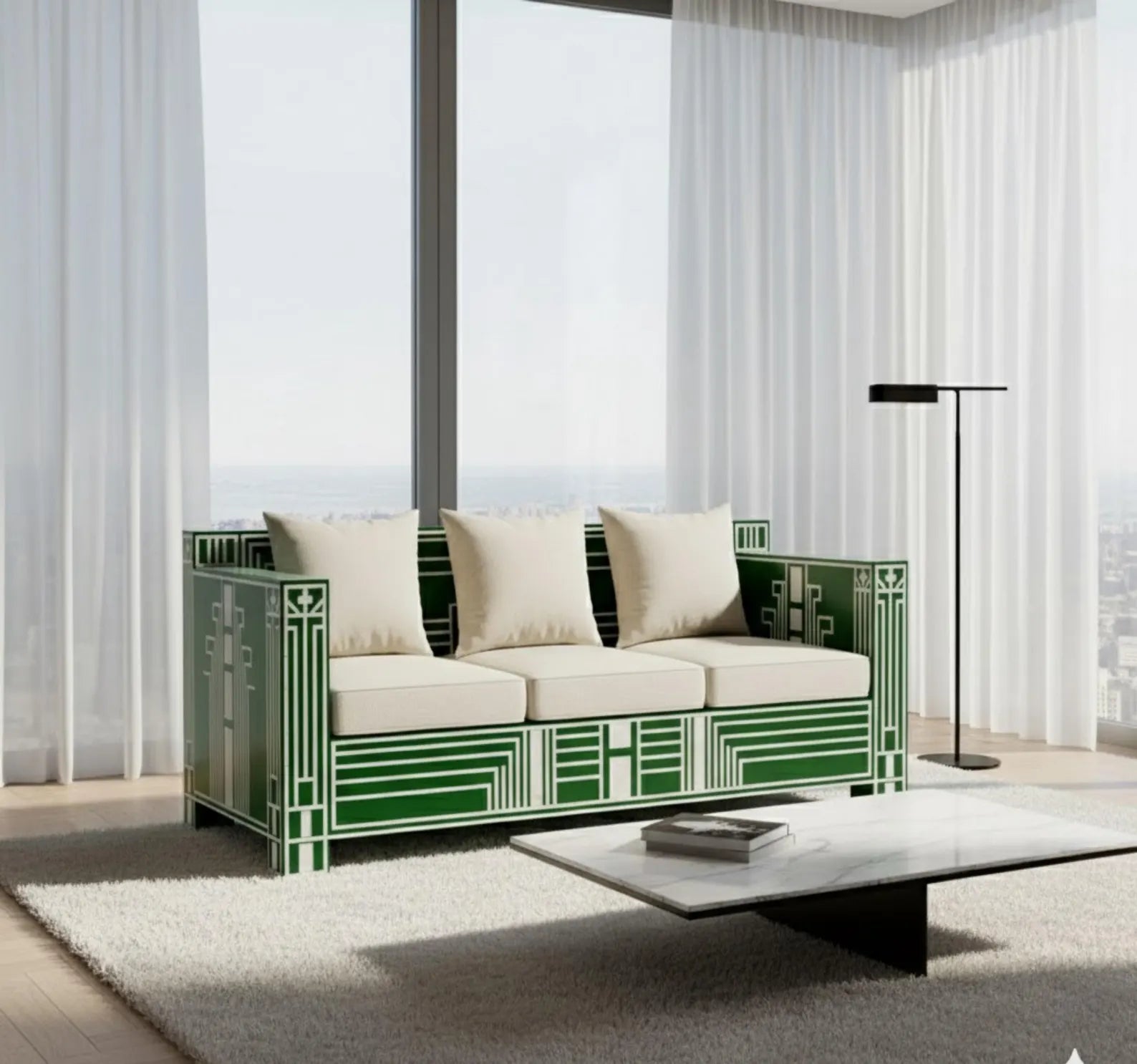 Bone Inlay Sofa | Handmade Geometric Loveseat for Living Room | Luxury Decorative Bone Inlay Couch with Artistic Inlay Detailing