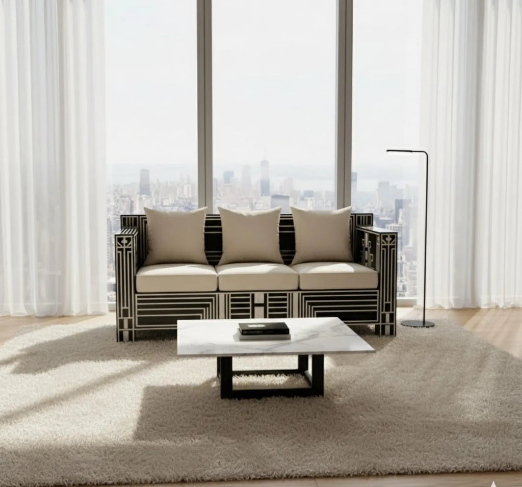 Bone Inlay Sofa | Handmade Geometric Loveseat for Living Room | Luxury Decorative Bone Inlay Couch with Artistic Inlay Detailing