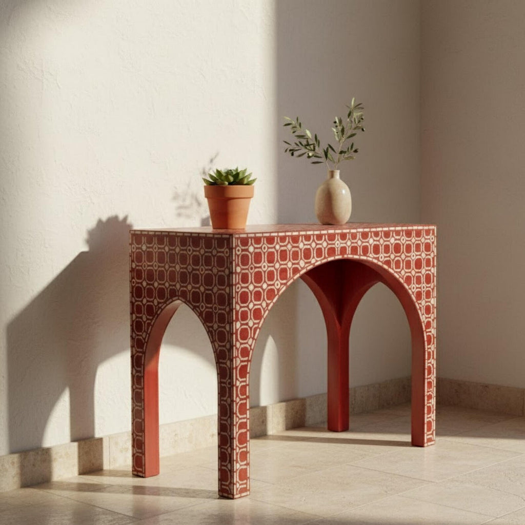 Red Bone Inlay Handmade Console Table | Stylish Decorative Entry Table for Modern Homes | Artisan Bone Inlay Furniture Piece