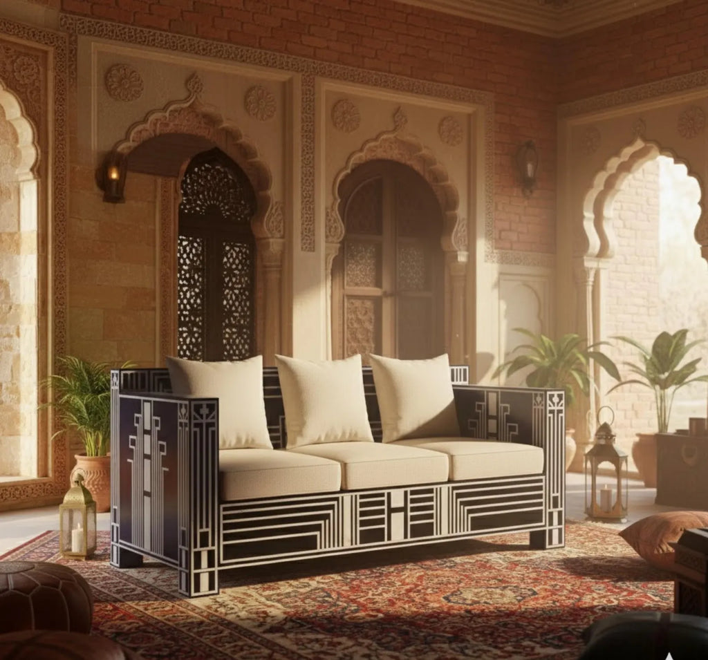 Bone Inlay Sofa | Handmade Geometric Loveseat for Living Room | Luxury Decorative Bone Inlay Couch with Artistic Inlay Detailing