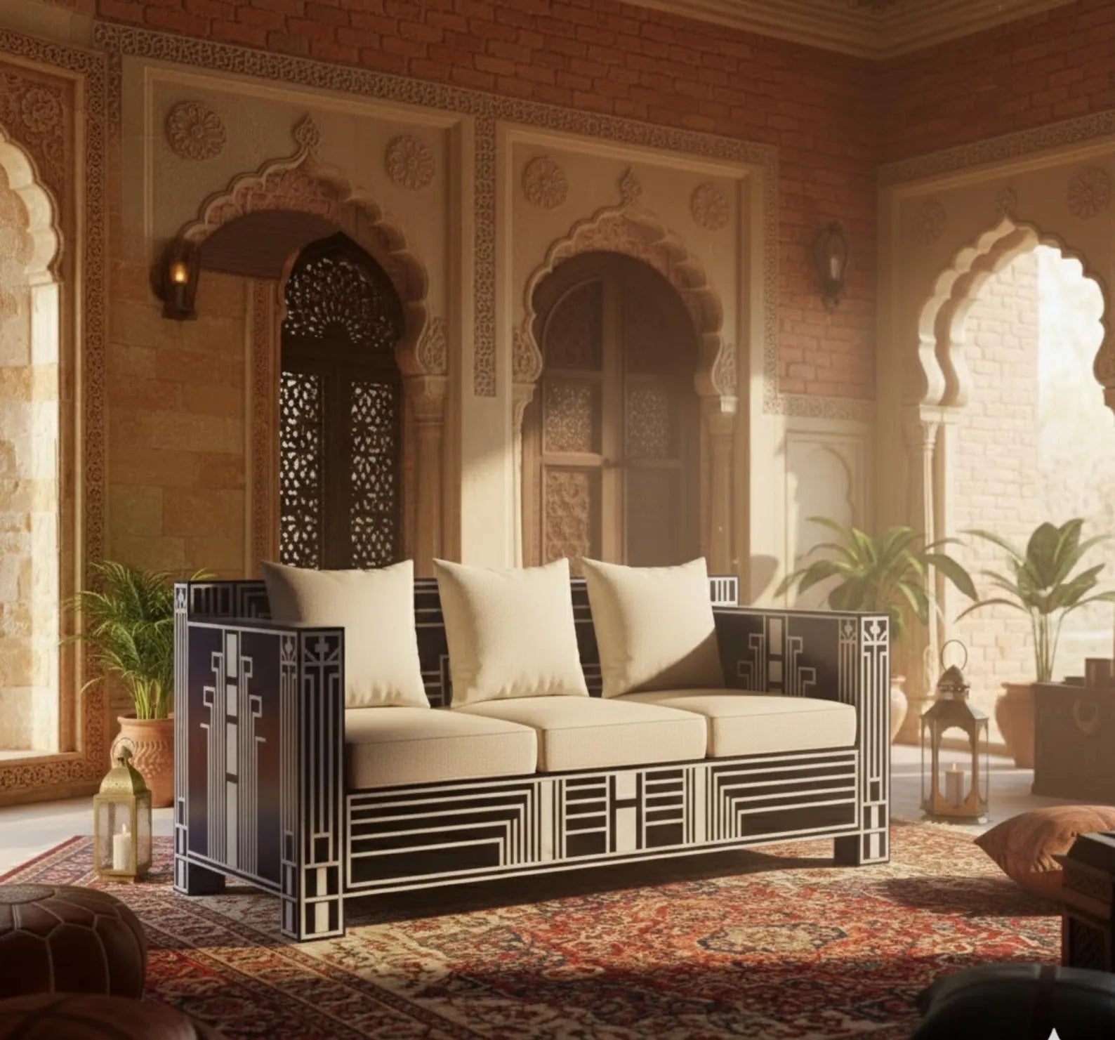 Bone Inlay Sofa | Handmade Geometric Loveseat for Living Room | Luxury Decorative Bone Inlay Couch with Artistic Inlay Detailing