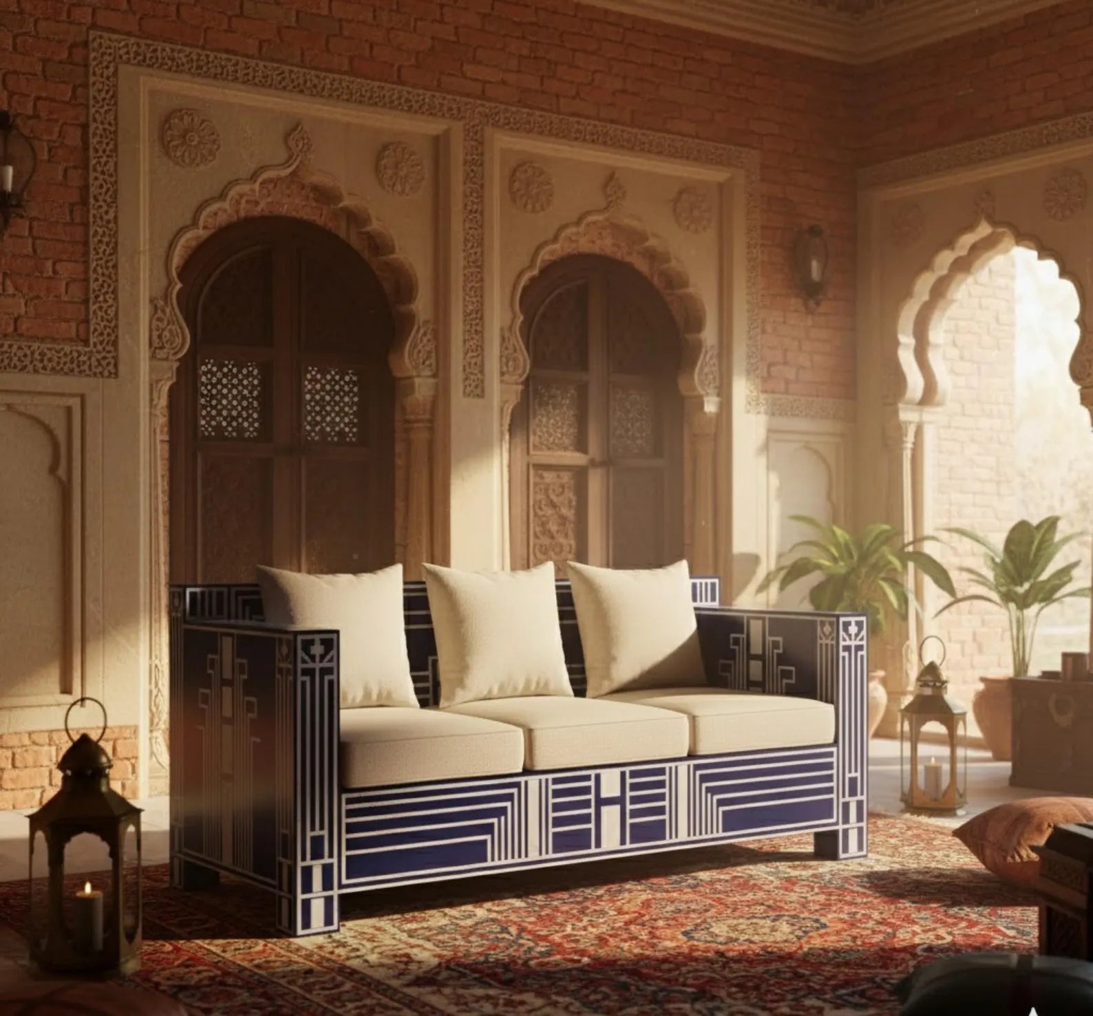 Bone Inlay Sofa | Handmade Geometric Loveseat for Living Room | Luxury Decorative Bone Inlay Couch with Artistic Inlay Detailing