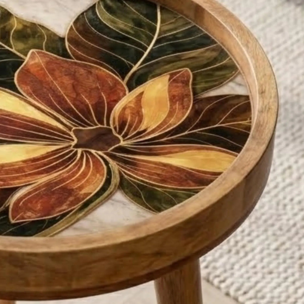 Handmade Mango Wood Side Table | Floral Printed Round Accent Boho Furniture