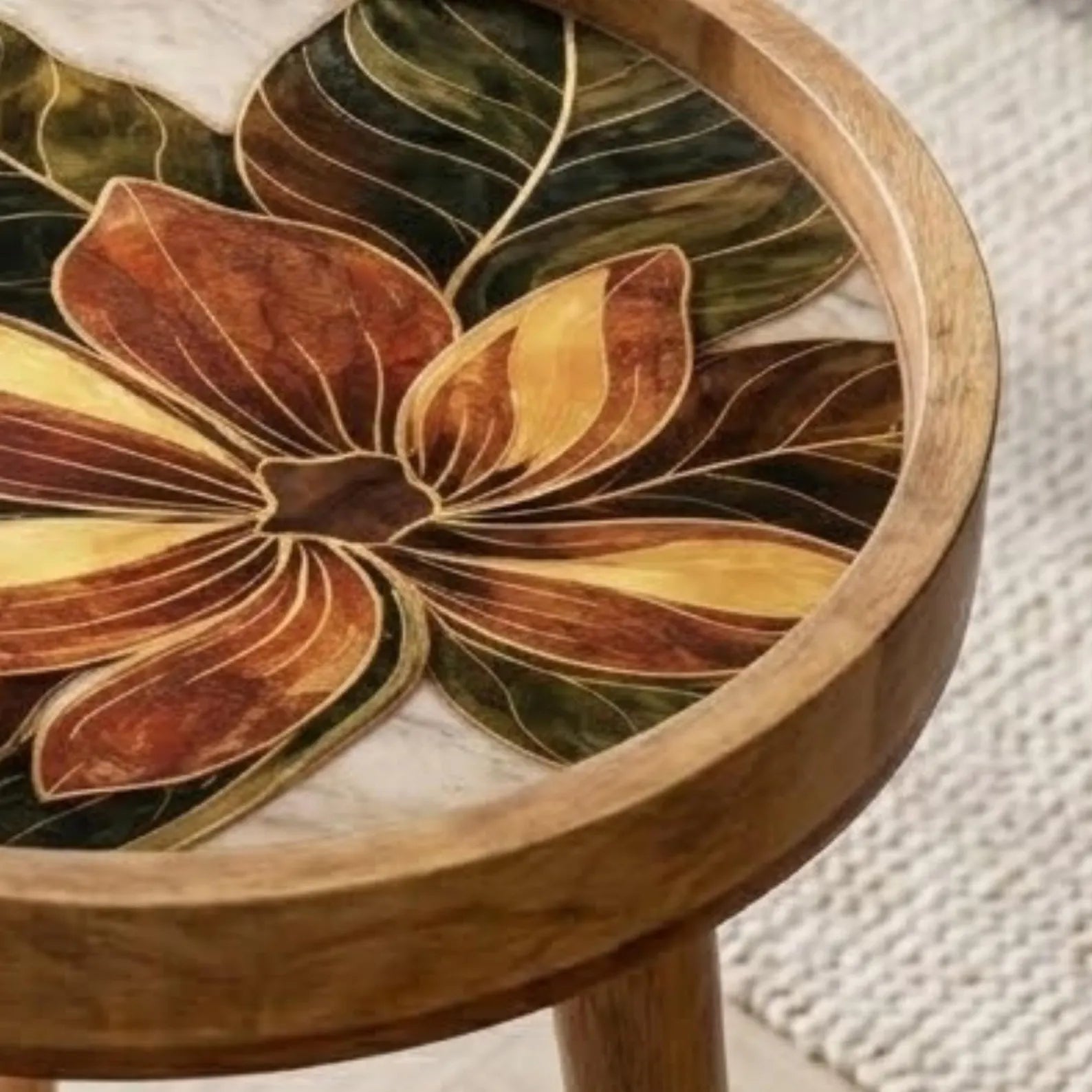 Handmade Mango Wood Side Table | Floral Printed Round Accent Boho Furniture