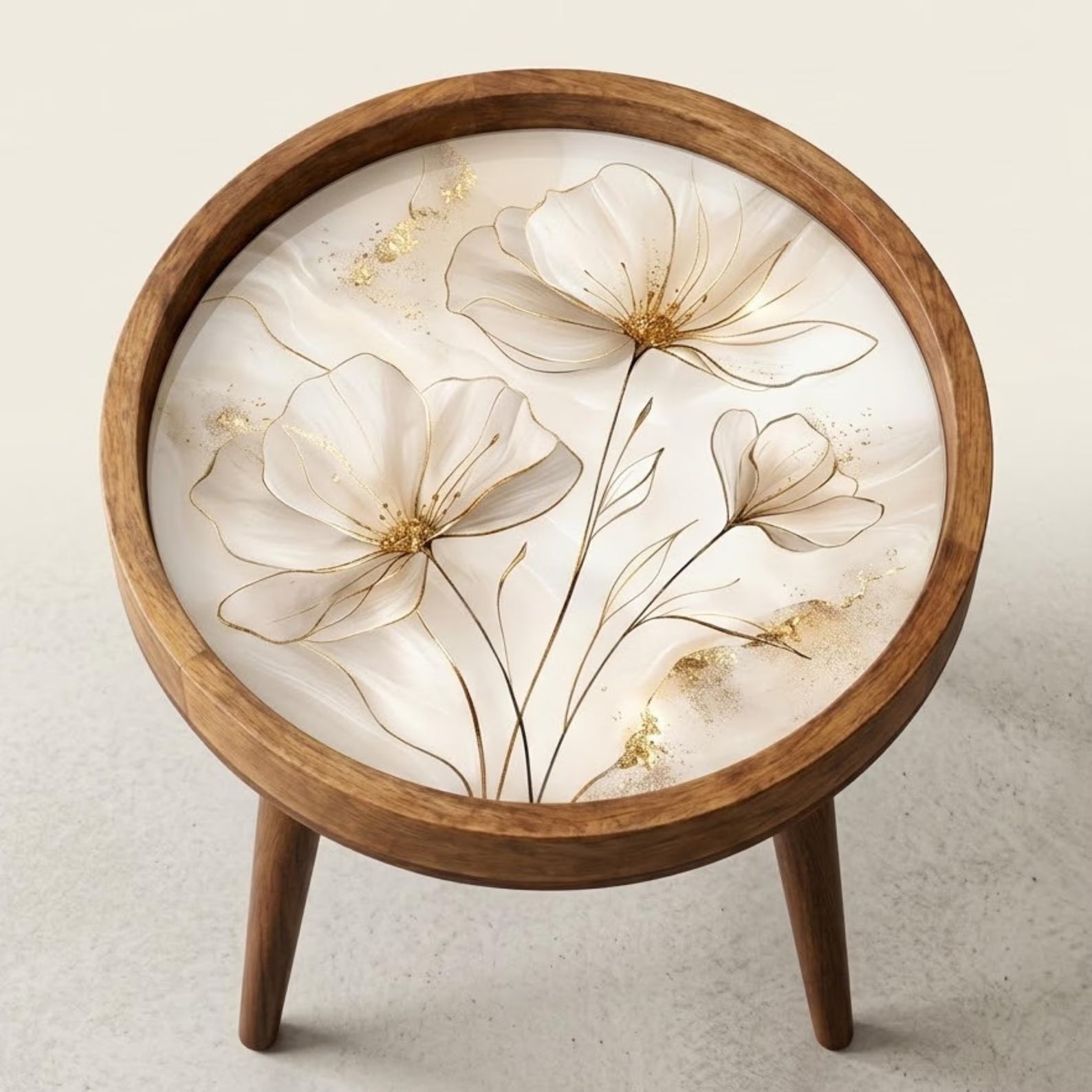 Handmade Mango Wood Side Table | Gemstone Print Round Accent Table