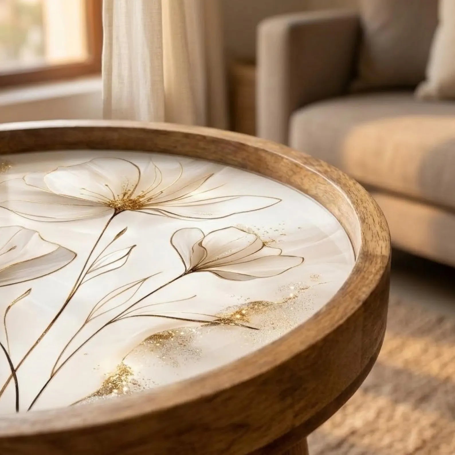 Handmade Mango Wood Side Table | Gemstone Print Round Accent Table