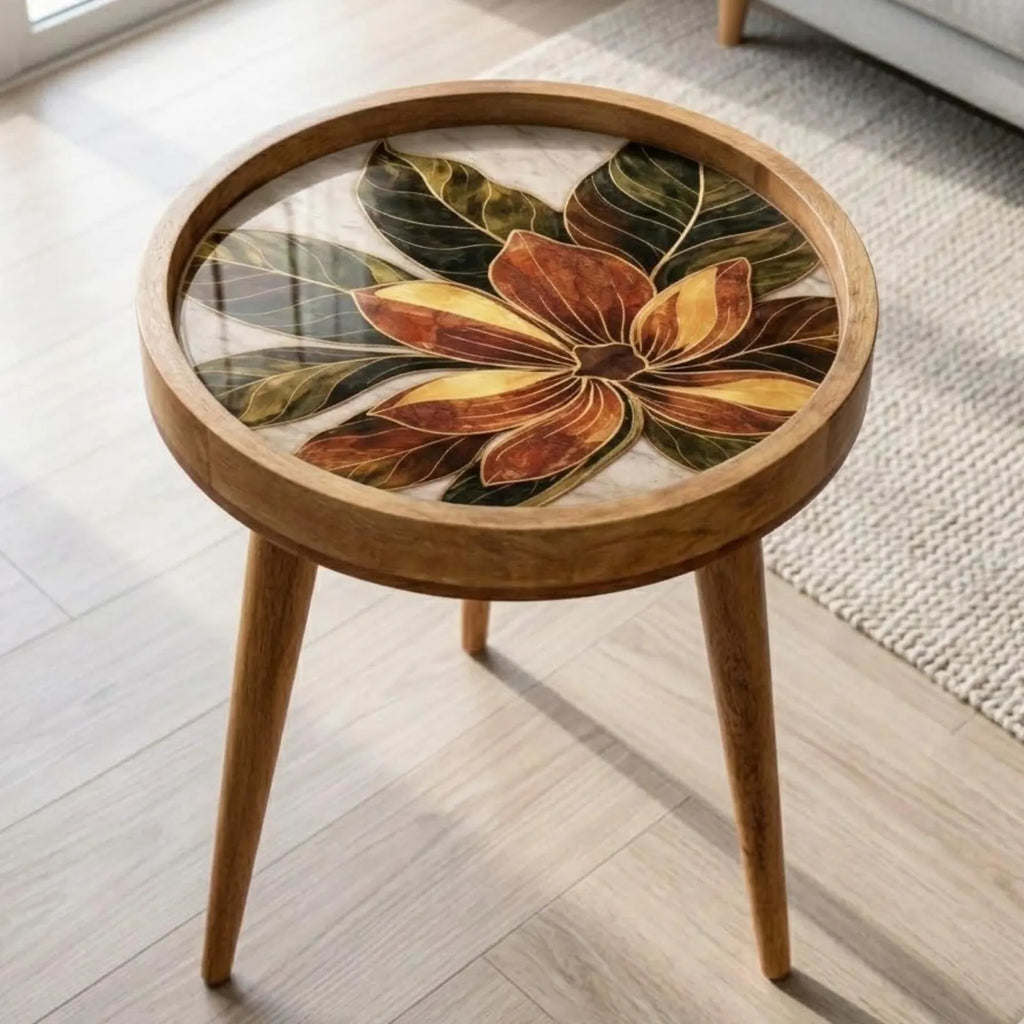 Handmade Mango Wood Side Table | Floral Printed Round Accent Boho Furniture