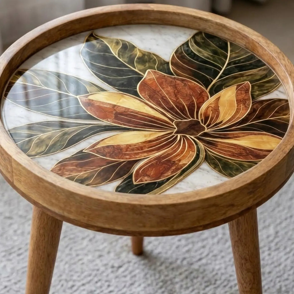 Handmade Mango Wood Side Table | Floral Printed Round Accent Boho Furniture