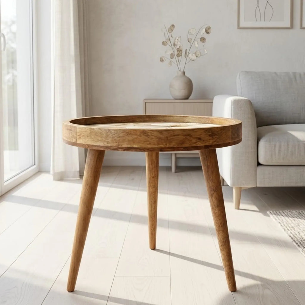 Handmade Mango Wood Side Table | Gemstone Print Round Accent Table