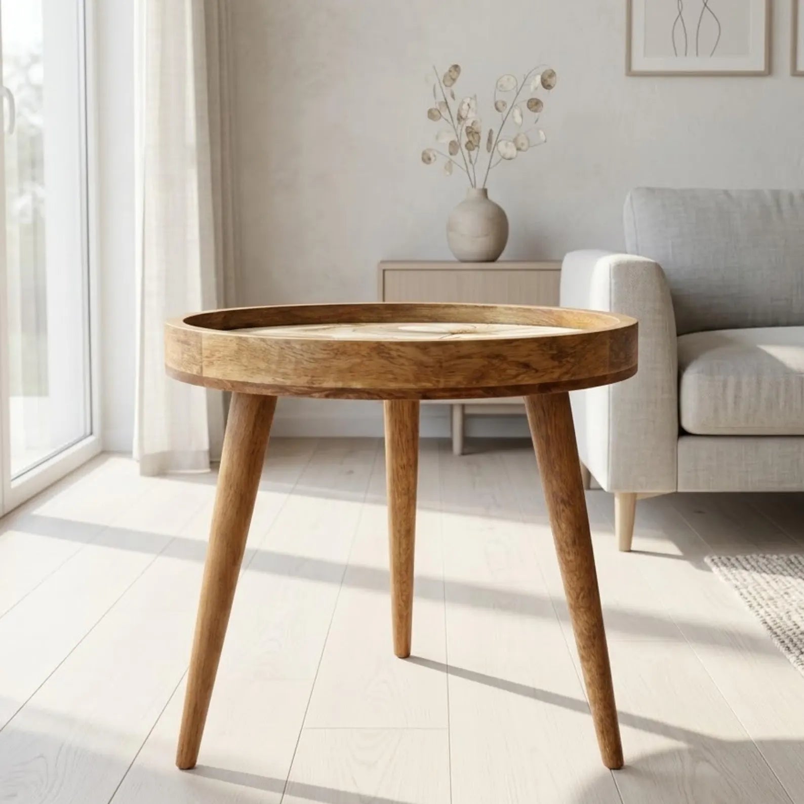 Handmade Mango Wood Side Table | Gemstone Print Round Accent Table
