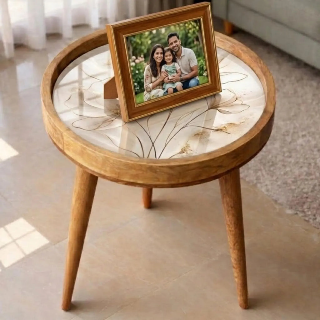 Handmade Mango Wood Side Table | Gemstone Print Round Accent Table
