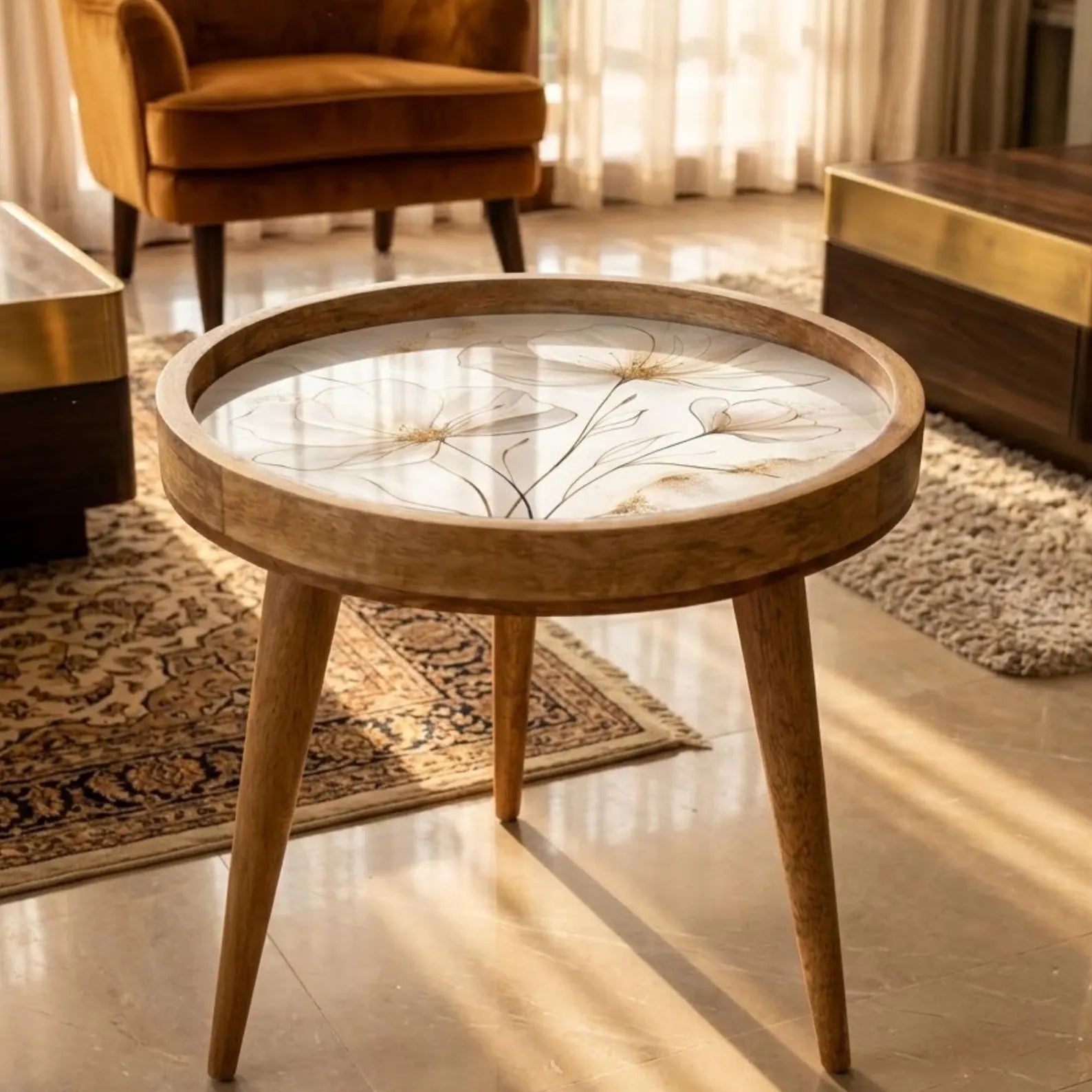 Handmade Mango Wood Side Table | Gemstone Print Round Accent Table