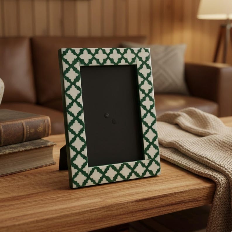 Handmade Bone Inlay Photo Frame | Green Resin Decorative Picture Frame | Boho Home Decor Gift