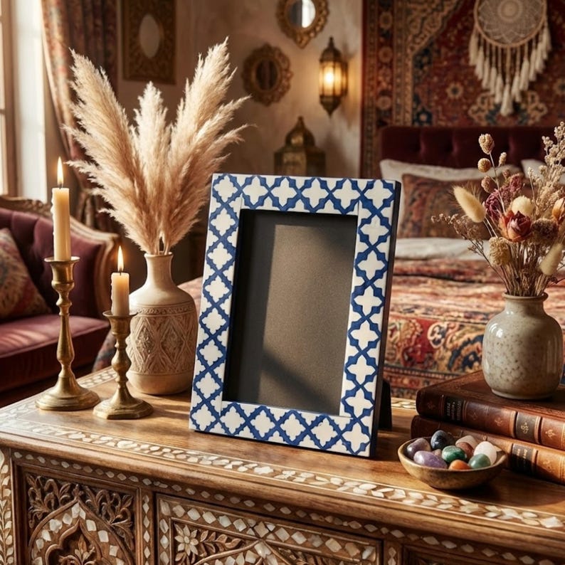 Handmade Bone Inlay Photo Frame | Green Resin Decorative Picture Frame | Boho Home Decor Gift