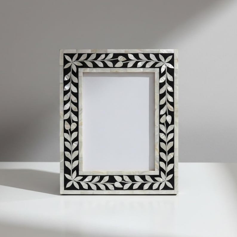 Mother of Pearl Inlay Photo Frame | Black & White Resin Picture Frame | Luxury Home Decor