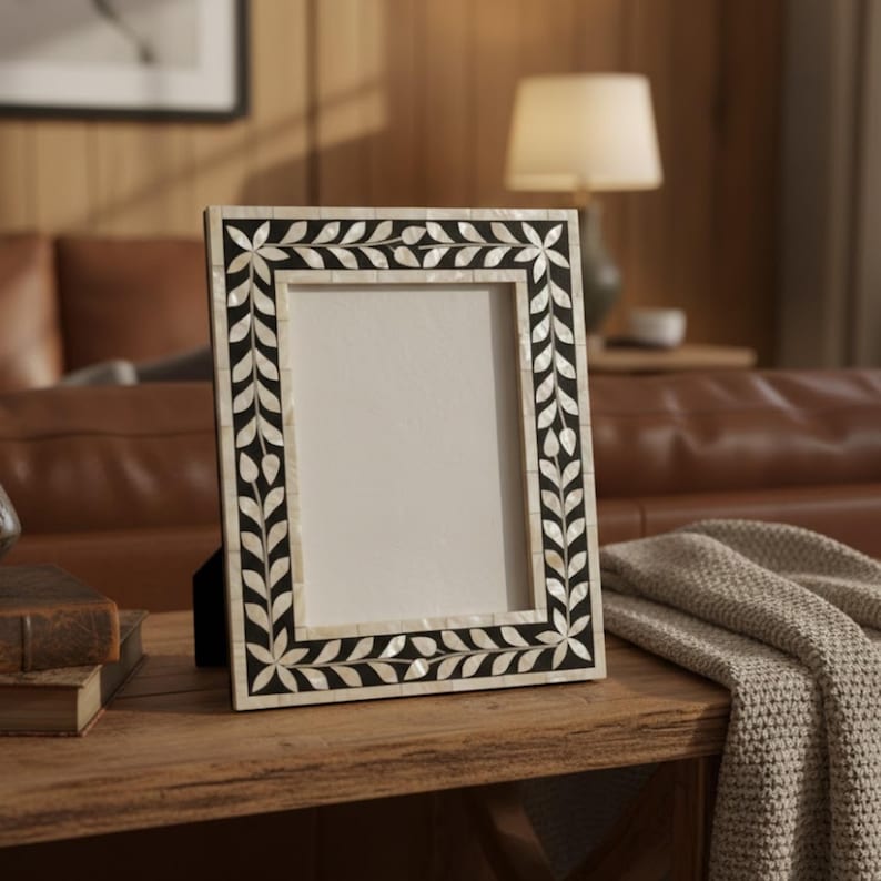 Mother of Pearl Inlay Photo Frame | Black & White Resin Picture Frame | Luxury Home Decor