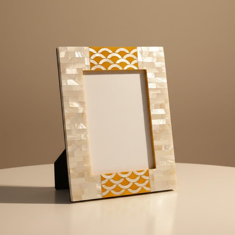 Mother of Pearl Inlay Photo Frame | Navy Resin Wave Pattern | Handmade Luxury Decor
