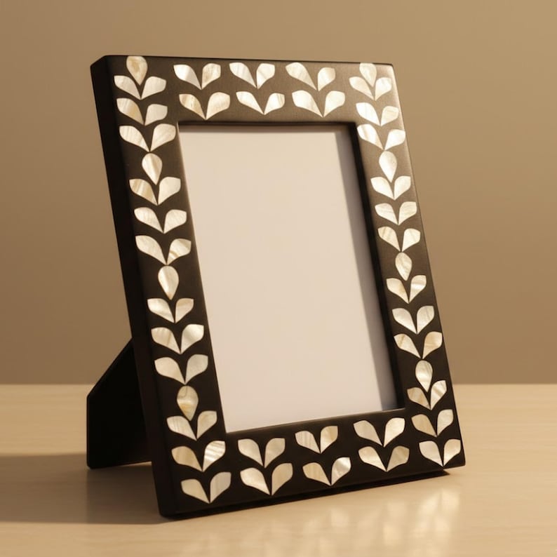 Mother of Pearl Inlay Photo Frame | Black Resin Leaf Pattern | Handmade Luxury Décor