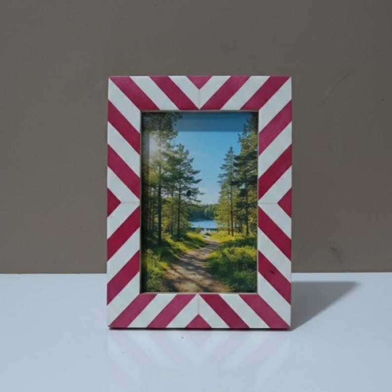 Bone Inlay Chevron Photo Frame | Black & White Resin Frame | Handmade Modern Décor