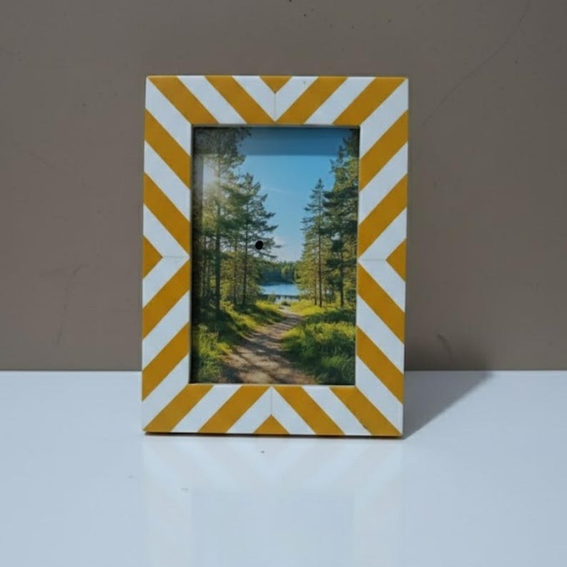 Bone Inlay Chevron Photo Frame | Black & White Resin Frame | Handmade Modern Décor
