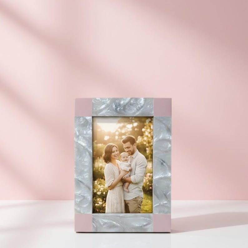 Handmade Resin Photo Frame | Pink & White Decorative Picture Frame | Modern Home Décor